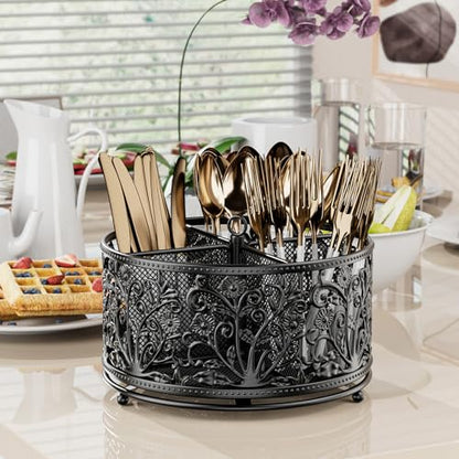 YIUKEA 360° Rotating Utensil Caddy - Silverware Cutlery Caddy Holder with 4 Compartment, Metal Flatware Organizer Countertop with Handle for Party Camping Picnic, Kitchen Counter, Office (Black) - color: Black