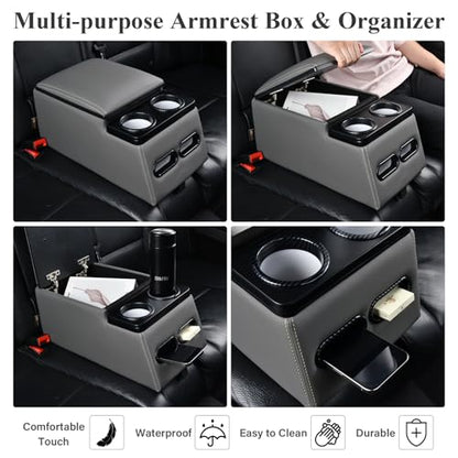 Coverado Car Center Console, Universal Bench Seat Center Consoles, Center Console for Van, Back Seat Storage Box, Rear Seat Car Console Organizer with Cup Holder, Central Armrest Box (Regular, Gray) - color: Gray, style: Regular