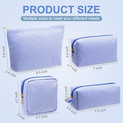 Sanwuta 4 Pcs Seersucker Pouch Cosmetic Bag Set Seersucker Makeup Bag Women Stripe Large Travel Toiletry Organizer Aesthetic Preppy Storage for Embroidery Women Bridesmaid Gifts(Dark Blue) - color: Dark Blue