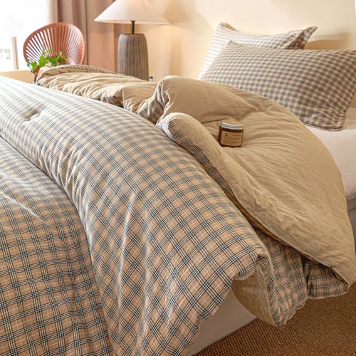 100% Cotton Comforter Set Queen Size – Reversible Yarn-Dyed Checkered Design, Soft Washed Cotton on Both Sides, Lightweight All-Season Bedding, Machine Washable(Beige Plaid, 90”x90”) - color: Beige, size: Queen(90"x90")