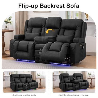 TUNYI Power Loveseat Recliner Sofa with Massage & Heat Home Theater Seating with Console RV Recliner Loveseat Sofa with USB/Storage/Side Pocket/LED Light/Speaker (Black, Loveseat) - color: Black, size: 2 Seat