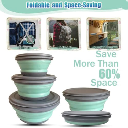 Collapsible Camping Bowl with Lid, 3 Pcs Silicone Salad Bowl Serving, Microwave Foldable Soup Ramen Serving for Travel, Picnic, Rv(Blue) - color: Light Blue-1