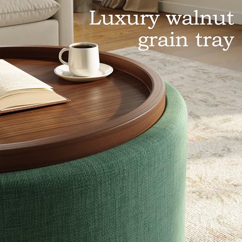 Round Storage Ottoman Coffee Table with Walnut Tray, 30'' Round Ottoman with Storage, Modern Upholstered Coffee Table with with 4 Casters for Living Room, Linen Fabric, Green - color: Green