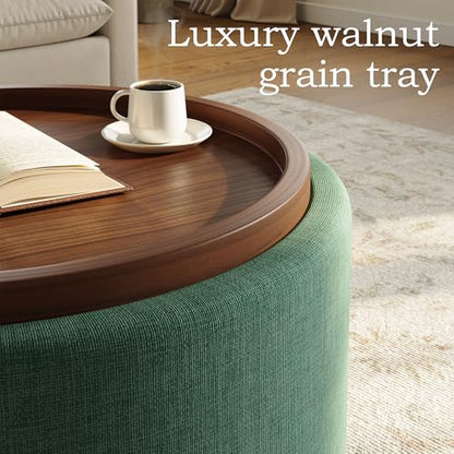 Round Storage Ottoman Coffee Table with Walnut Tray, 30'' Round Ottoman with Storage, Modern Upholstered Coffee Table with with 4 Casters for Living Room, Linen Fabric, Green - color: Green