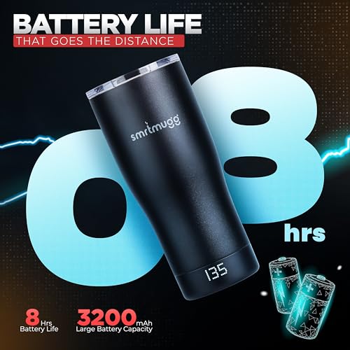 SmrtMugg X Heated Coffee Mug 19 oz., 8 Hour Battery Life, Self-Heating, Adjustable Temp Controlled, LCD Screen, One Button Temperature Adjustment, Includes Cover with Magnetic Slider (Black) (Black) - color: Black