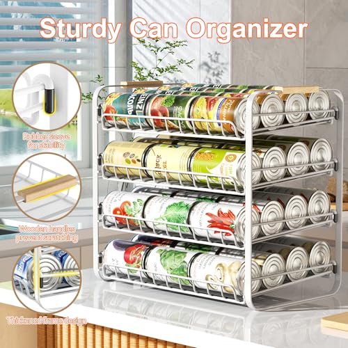 MAXIFFE 4 Tier Can Organizer, Space-Saving Easy Assembly Adjustable Sturdy Metal Hold 48 Cans Storage Holder Rack Dispenser for Pantry Kitchen Cabinet Countertop RV, for Soda Drinks Fruits, White