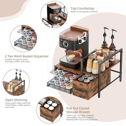 Kssiaz K Cup Holder, 2-tier Coffee Pod Holder for 48 Pods, K Cup Drawer Organizer with Sliding Storage Drawer, Coffee Bar Station Organizer for Countertop, Space Saving, Home & Office, Black - size: 15.8"×12.6"×6.7"