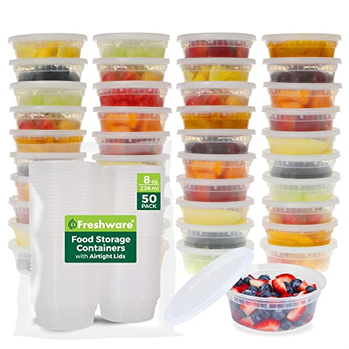Freshware Food Storage Containers [50 Set] 8 oz Plastic Deli Containers with Lids, Slime, Soup, Meal Prep Containers, BPA Free, Stackable, Leakproof, Microwave, Dishwasher and Freezer Safe - size: 8 oz, 50-Pack