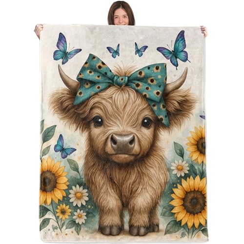 Cute Highland Cow Blanket,50x60in,Cozy Flannel Throw with Small Calf Teal Bow Sunflower Butterfly Design,Soft Lightweight Gifts Blankets for Kids,Sofa Bed Travel Living Room Farmhouse Decor - color: Highland Cow 01, size: 60"x50"