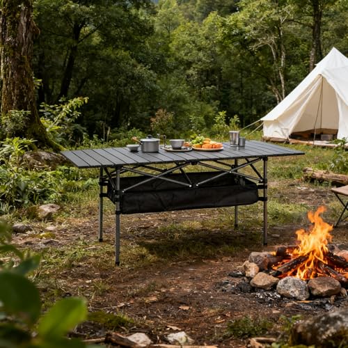 Outdoor Folding Table, Built-in Storage & Carry Bag | Ultralight 7.93LBS, 225LBS Heavy Duty, Aluminum Top, Carbon Steel Frame, for Camping, Picnic, Beach, BBQ - color: Black