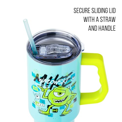 Silver Buffalo Disney Pixar Monsters Inc. Double Walled Stainless Steel Tumbler with Handle Featuring Mike Wazowski, Fits in Standard Cup Holder, 40 Ounces - color: Monsters Inc Mike Wazowski