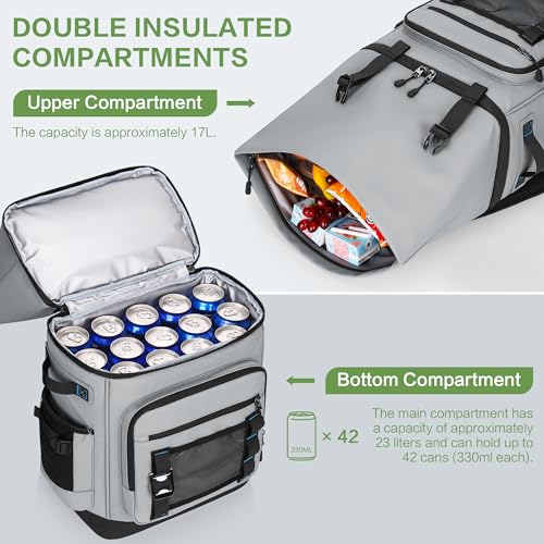 42 Can Backpack Cooler,40L Insulated Double Decker Leakproof, Waterproof Travel Cooler Backpack for Beach Camping Picnic Travel - color: gray