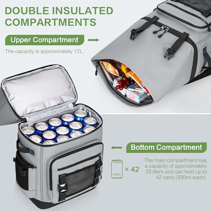42 Can Backpack Cooler,40L Insulated Double Decker Leakproof, Waterproof Travel Cooler Backpack for Beach Camping Picnic Travel - color: gray
