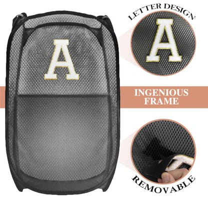 Collapsible Pop Up Laundry Hamper, Extra Large with Removable Initial Letter A, Mesh Foldable Laundry Basket, 28" x 16" x 16" (Black) - color: 1P BlackA