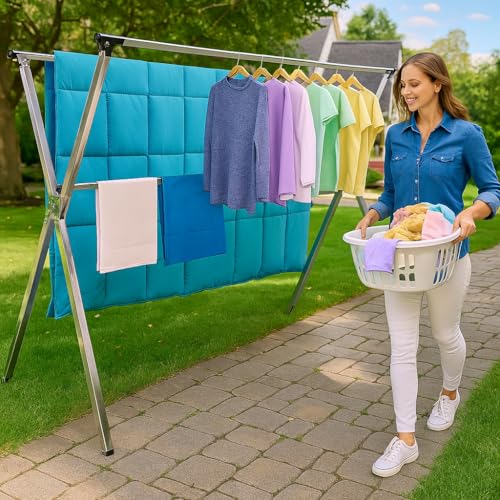 Clothes Drying Rack Folding Indoor Outdoor, Foldable Portable Laundry Drying Rack, Heavy Duty Laundry Hanger Dryer Rack with 20 Hooks (79.55'') - size: 79.55 inches