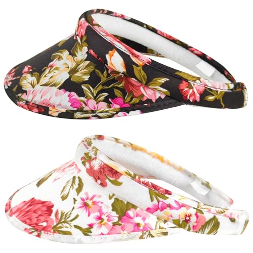 2 Pack Sun Visor Hats Women Men Clip On Wide Brim Visors Hat Outdoor Sports Golf Beach Travel Tennis Caps - color: Flower-black White