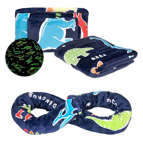 NAPRO Kids 3-in-1 Travel Blanket and Pillow Combo, Convertible Infinity Scarf, Lightweight Neck Support for Airplane, Car & Camping, Glow-in-the-Dark - Dinosaur - color: Dinosaur