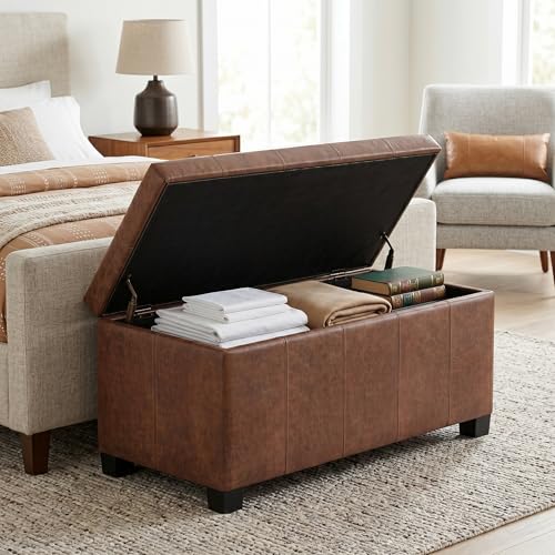 SIMPLIHOME Dover Storage Ottoman Bench - 36 inch Wide Upholstered Vegan Leather Rectangular Lift-Top Ottoman in Distressed Umber Brown, Contemporary Bench for Living Room with Safety Hinges - color: Distressed Umber Brown