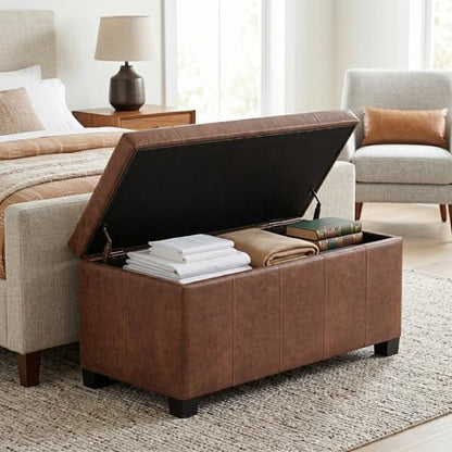 SIMPLIHOME Dover Storage Ottoman Bench - 36 inch Wide Upholstered Vegan Leather Rectangular Lift-Top Ottoman in Distressed Umber Brown, Contemporary Bench for Living Room with Safety Hinges - color: Distressed Umber Brown