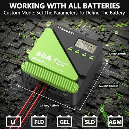 Vansdon 60A Solar Charge Controller 12V/24V MPPT Solar Charge Controller, Adjustable LCD with Timer, Dual USB Ports, for RV, Boat, Cabin, Off-Grid Systems, Compatible with FLD/LiFePO4/SLD/GEL/AGM - color: Pale Green-60