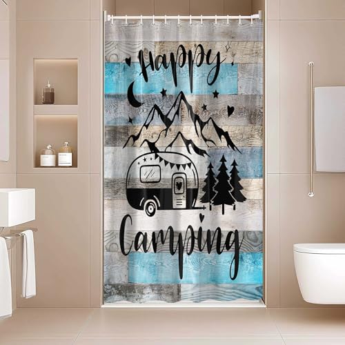 RV Shower Curtain for Bathroom, Happy Camping Shower Curtain Blue Gray Barn Door Bathroom Curtains, Rustic Wood Bathroom Decor Waterproof Travel Camping Bath Curtains with 12 Hooks 47X64 Inch - size: 47"W x 64"L (Pack of 1)