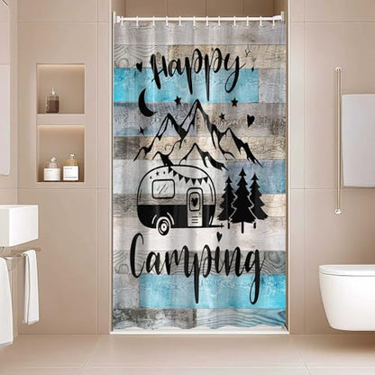 RV Shower Curtain for Bathroom, Happy Camping Shower Curtain Blue Gray Barn Door Bathroom Curtains, Rustic Wood Bathroom Decor Waterproof Travel Camping Bath Curtains with 12 Hooks 47X64 Inch - size: 47"W x 64"L (Pack of 1)