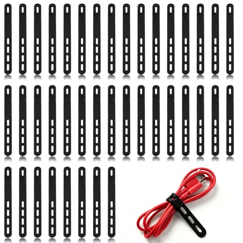 40 Pcs Black Silicone Cable Ties, Reusable Cable Straps Wire Organizer, Cable Management Cord Organizer for Fastening Earphone Phone Charger Home Office Desk Kitchen Appliances Cable Cords Wires - color: Black