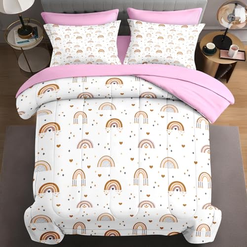 WeCozy 7 Pcs Full Size Comforter Set with 2 Pillowcases & 2 Shams, Cute Boho Rainbow Bedding for Kids and Adults, Cartoon Bohemian Nursery Bed in a Bag with Flat Fitted Sheet - color: Boho Rainbow, size: Full