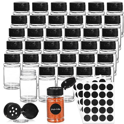 Tosnail 36 Pack 2.7 Oz Small Plastic Spice Bottles with Black Shaker Lids and Labels, Empty Plastic Jars with Lids, Seasoning Shaker Containers for Travel, Camping, Glitter, Gift, Party Favors - Clear