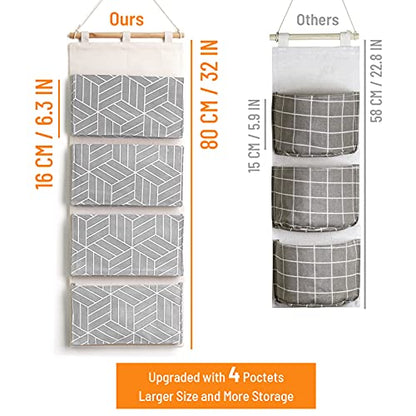 CROWNED 2Pcs Over Door Hanging Storage Bags Wall Mount Closet Organizer, 4 Big Pockets Linen Cotton Fabric Multi Functional Living Room Bedroom Bathroom File Magazine Waterproof Free Hooks Grey - color: Grey