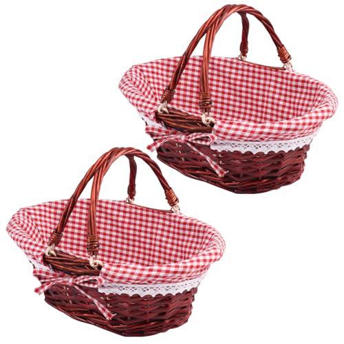 GNIEMCKIN 2 Pack 12.6 Inch Wicker Basket with Handle, Wicker Picnic Baskets with Red Checkered Liner, Oval Willow Woven Basket for Fruit, Wine, Wedding, Picnic(Brown Color) - size: 2 Pack 12.6 Inch Brown