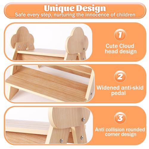 Beech Wooden Toddler Step Stool, 2-Step Foldable Stool for Kids with Non-Slip Surface, Baby Bathroom Stool for Potty Training, Bathroom Sink, Kitchen Counter with Cute Cloud Design - style: Cloud