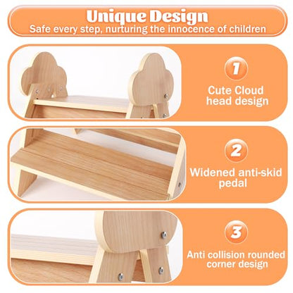 Beech Wooden Toddler Step Stool, 2-Step Foldable Stool for Kids with Non-Slip Surface, Baby Bathroom Stool for Potty Training, Bathroom Sink, Kitchen Counter with Cute Cloud Design - style: Cloud