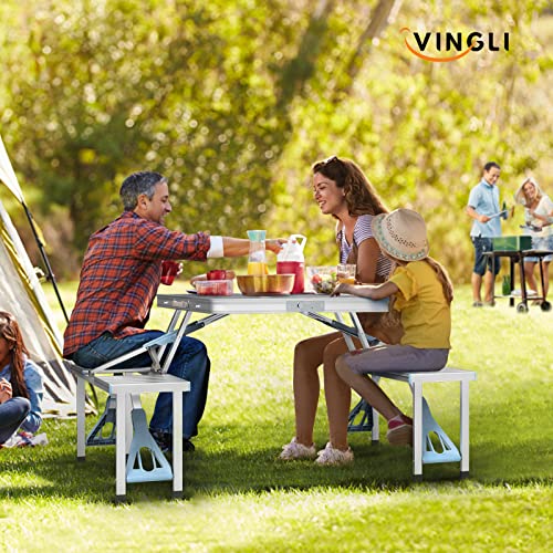 VINGLI 4Ft Folding Camping Picnic Table with Seats/Umbrella Hole-265 Lbs Support that Lightweight and Fold Up Card Suitcase Table Aluminum Alloy Frame, RV Tabletop with Soft Handl - color: White