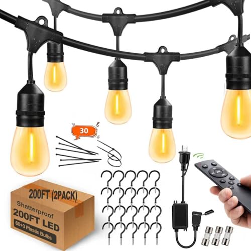 Remote Control Outdoor String Lights 200FT for Outside Patio Lights Waterproof with 63 Replaceable S14 Bulbs for Bistro Pergola Porch Backyard Dimmable, 2200K, Linkable, Hooks, Zip Ties included - size: 200 feet(Remote)