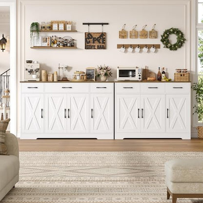 HOSTACK Buffet Cabinet with Drawers, 55" Large Sideboard Buffet Storage Cabinet with Shelves and Doors, Modern Farmhouse Coffee Bar Station Wood Kitchen Table for Kitchen, Dining Room, White/Rustic - color: White/Rustic