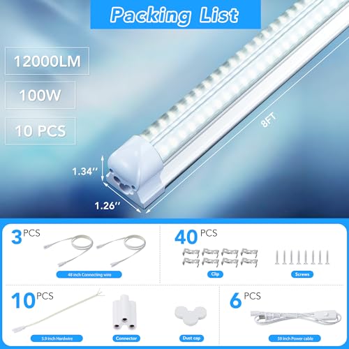 10 Pack 8FT LED Shop Lights Work Garage Light, T8 100W 19200LM 6000K Daylight, Linkable Plug & Play Energy-Saving Commercial Bay Lighting Warehouse Basement (V2) - size: V2-8FT-10PCS