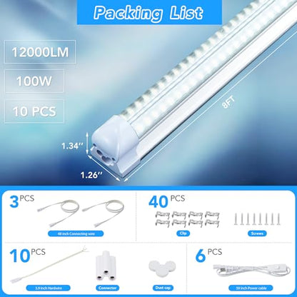 10 Pack 8FT LED Shop Lights Work Garage Light, T8 100W 19200LM 6000K Daylight, Linkable Plug & Play Energy-Saving Commercial Bay Lighting Warehouse Basement (V2) - size: V2-8FT-10PCS