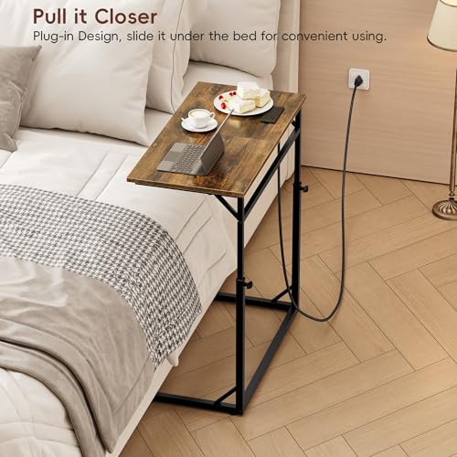 Vagusicc C Shaped End Table with Charging Station, Large C-Table End Table Adjustable Height Side Table for Couch, Couch Table Slide Under Sofa Table TV Tray Table for Sofa, Living Room, Bedroom,Brown - color: Rustic Brown, style: With Plug