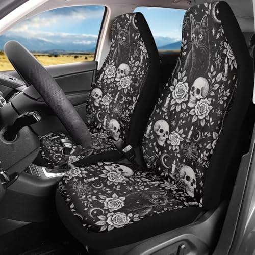 Bulopur Halloween Car Seat Covers Set Non-Slip Breathable 2 Piece Car Seat Covers Front Seats Only Universal Vehicle Accessories for Halloween Decor, Black Cat Skull - color: Black Cat Skull Halloween