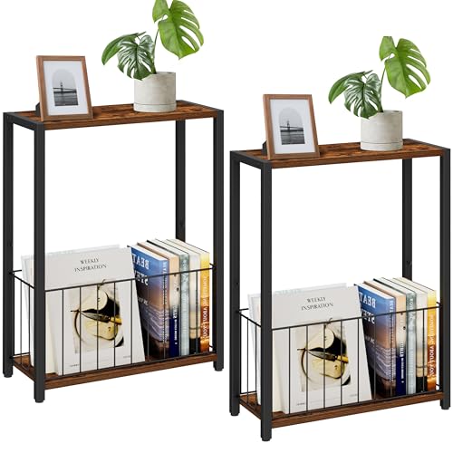 Homleke Narrow Side Tables Set of 2 with Magazine Holder, Skinny End Tables Perfect for Small Spaces, Space-Saving Design for Living Room, Bedroom, or Office, 7.1" D x 16.9" W x 23.6" H, Rustic Brown - color: Rustic Brown - Standard