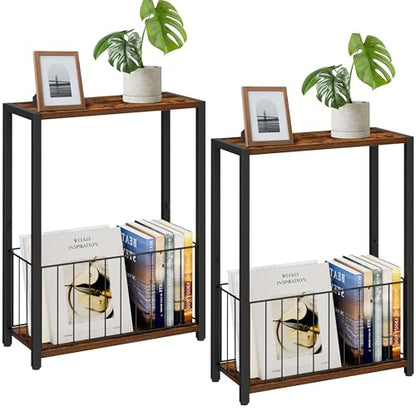 Homleke Narrow Side Tables Set of 2 with Magazine Holder, Skinny End Tables Perfect for Small Spaces, Space-Saving Design for Living Room, Bedroom, or Office, 7.1" D x 16.9" W x 23.6" H, Rustic Brown - color: Rustic Brown - Standard