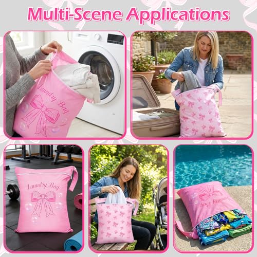2 Pcs Large Travel Laundry Bags Waterproof Wet Dry Bag, Washable Dirty Clothes Bags for Travel，Drawstring, Bathing Suit, Workout, Gym Clothes Laundry, Swimming Pool & College Dorm, Pink Bow - color: Pink Bow