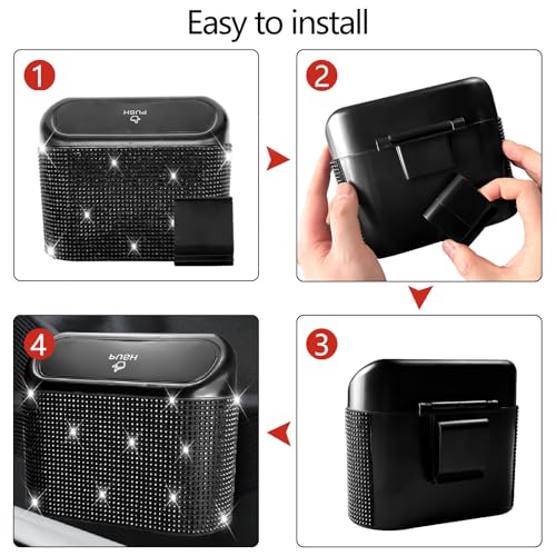 NBTEPEM Bling Car Trash Can with Lid - 2 Pack, Mini Auto Garbage Can with 60 Trash Bags, Automotive Garbage Container Bin, Bling Car Accessories Trash Can for Women (Black Diamond) - color: Black Diamond