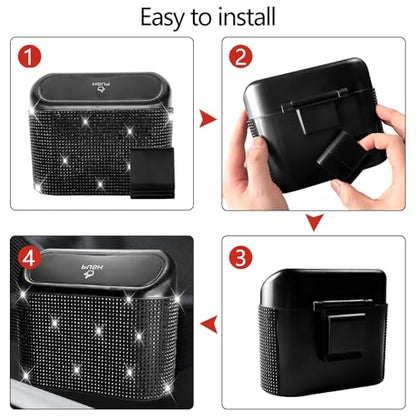 NBTEPEM Bling Car Trash Can with Lid - 2 Pack, Mini Auto Garbage Can with 60 Trash Bags, Automotive Garbage Container Bin, Bling Car Accessories Trash Can for Women (Black Diamond) - color: Black Diamond