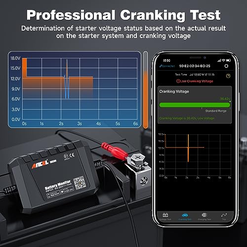 ANCEL BM300 12V Battery Monitor, Bluetooth 4.0 Automotive Voltmeter with Charging, Cranking System Test & Alarm - Compatible for Solar Power Systems, RVs, Motorcycles, Boats, Cars, and Trucks - color: Black