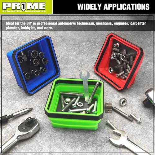 PR1ME Collapsible Magnetic Parts Tray Set, Foldable Magnetic Tray, 3 Pieces 4.25 inch Square Silicone Bowls with Magnetic Base Stores and Organizes Small Parts and Tools - size: Basic Trays