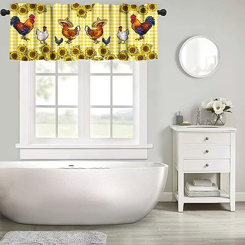 Rooster Window Valance, Western Farm Chicken Sunflower Retro Yellow Buffalo Grid Print Rod Pocket Short Window Treatments for Home Kitchen Living Room Bedroom, 54x18in - color: Farmhouse Animal-11