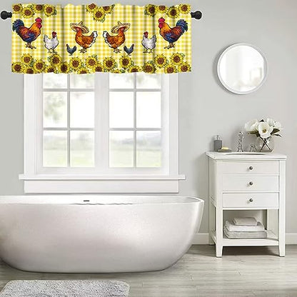Rooster Window Valance, Western Farm Chicken Sunflower Retro Yellow Buffalo Grid Print Rod Pocket Short Window Treatments for Home Kitchen Living Room Bedroom, 54x18in - color: Farmhouse Animal-11