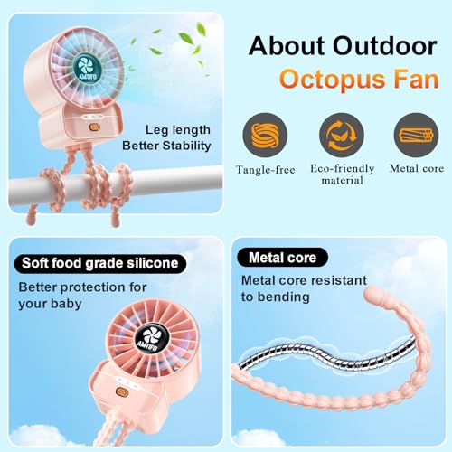 AMTIFO Pink Stroller Fan - USB Rechargeable, Quiet Cooling, 4 Adjustable Speeds, Portable Baby Fan for Strollers, Car Seats, Nurseries, Outdoor Use, Long-Lasting Battery - color: Pink